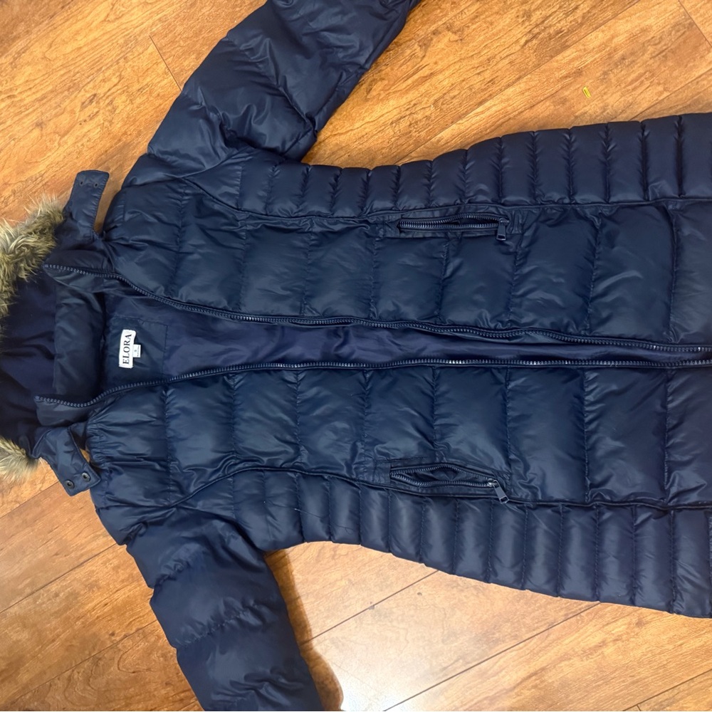 Dark Blue Puffer Jacket with Faux Fur Hood